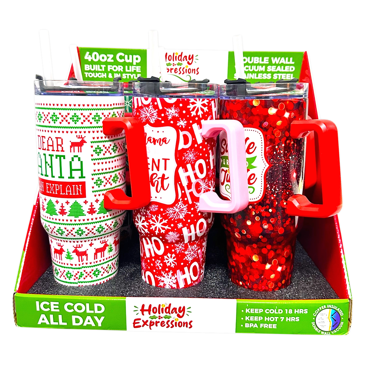 40 oz Insulated Stainless-Steel Holiday Cup - 6 Pieces Per Retail Ready Display 41709