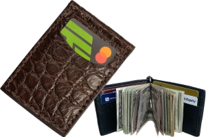 Brown Alligator Bifold Slim Profile Wallet With Money Clip