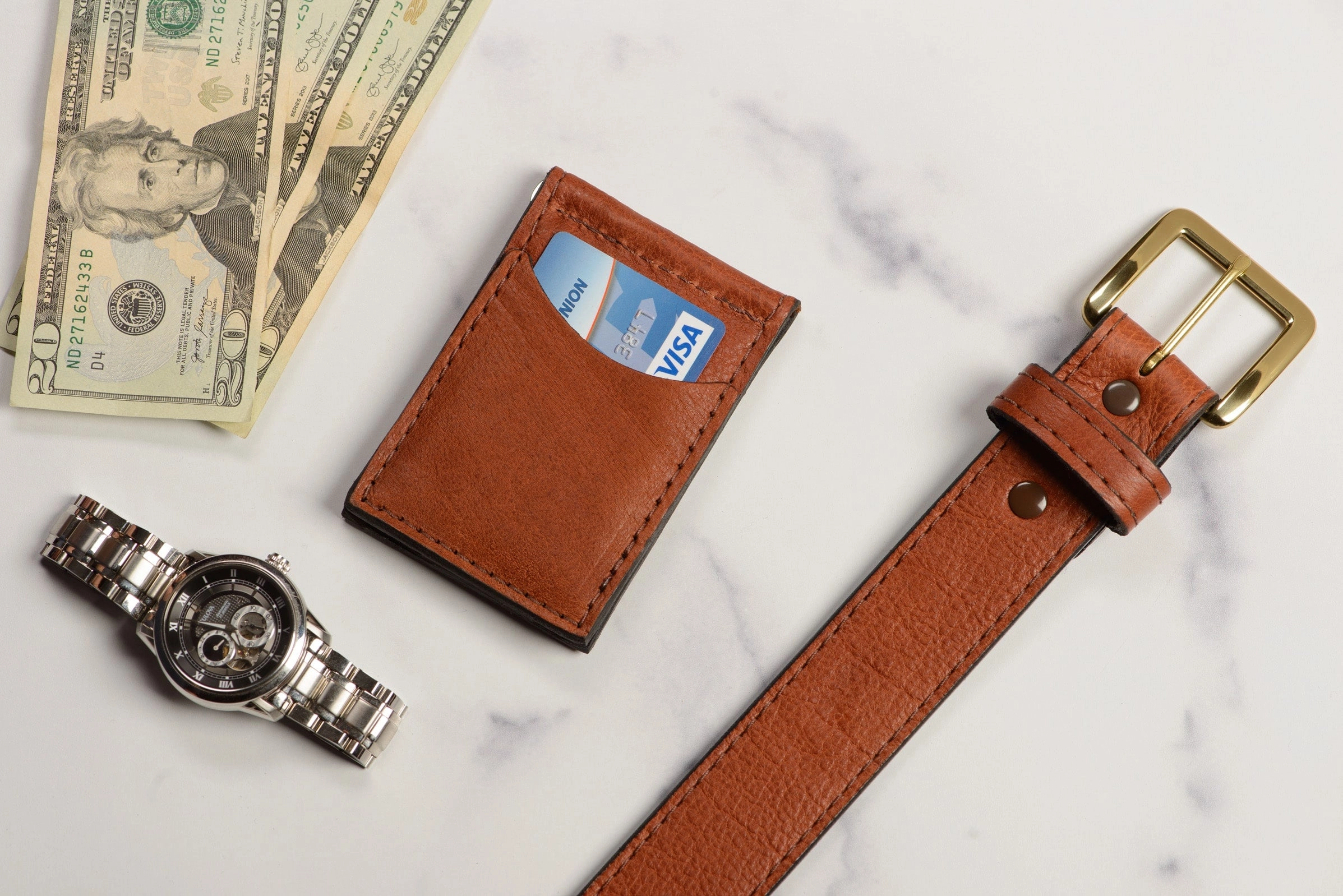 Brown Bison Bifold Slim Profile Wallet With Money Clip