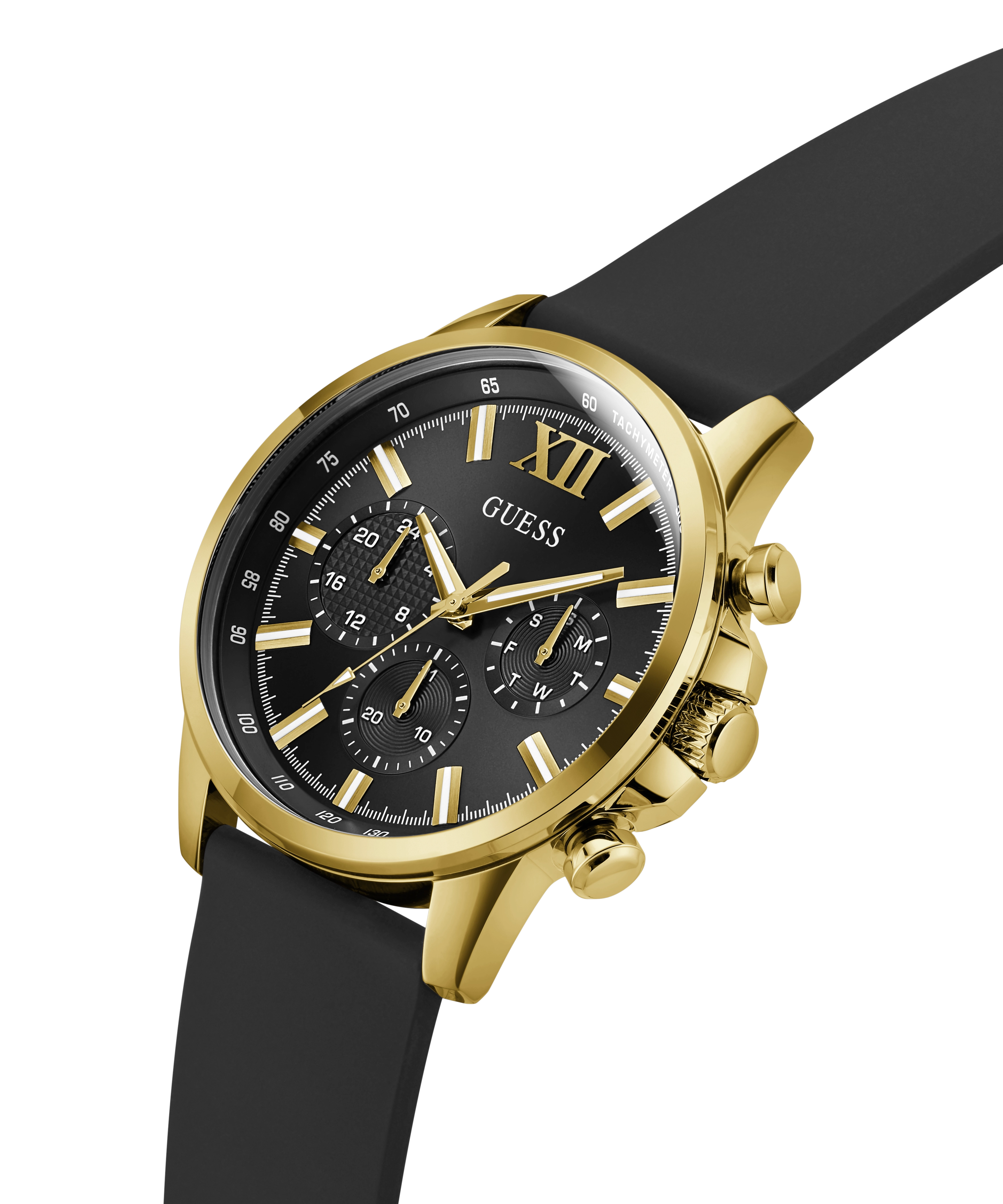 GUESS Mens Black Gold Tone Multi-function Watch