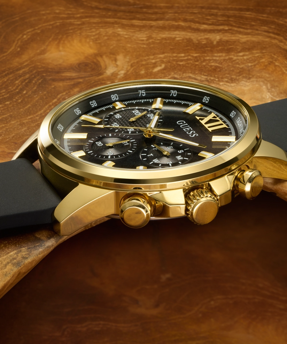 GUESS Mens Black Gold Tone Multi-function Watch