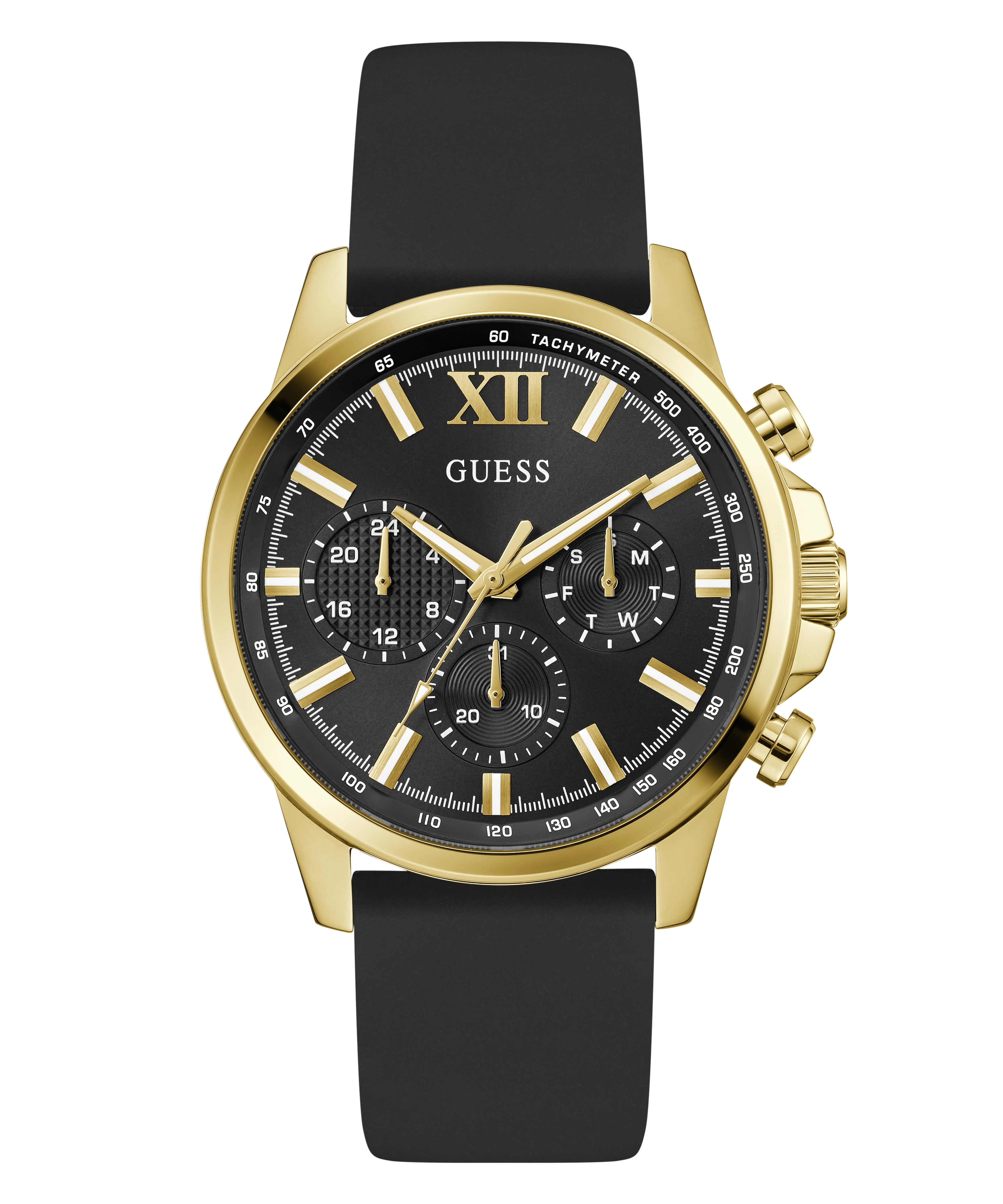 GUESS Mens Black Gold Tone Multi-function Watch