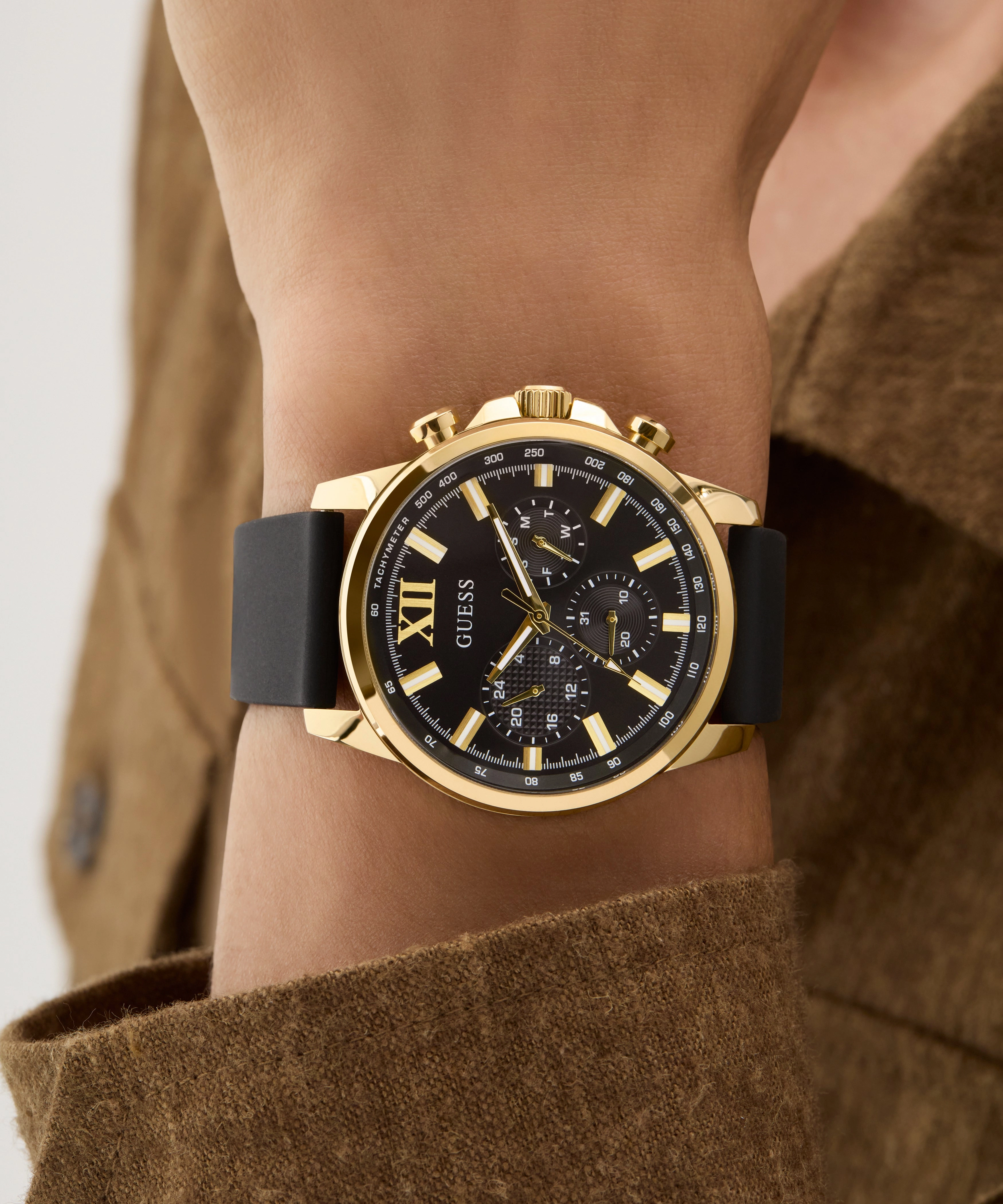 GUESS Mens Black Gold Tone Multi-function Watch