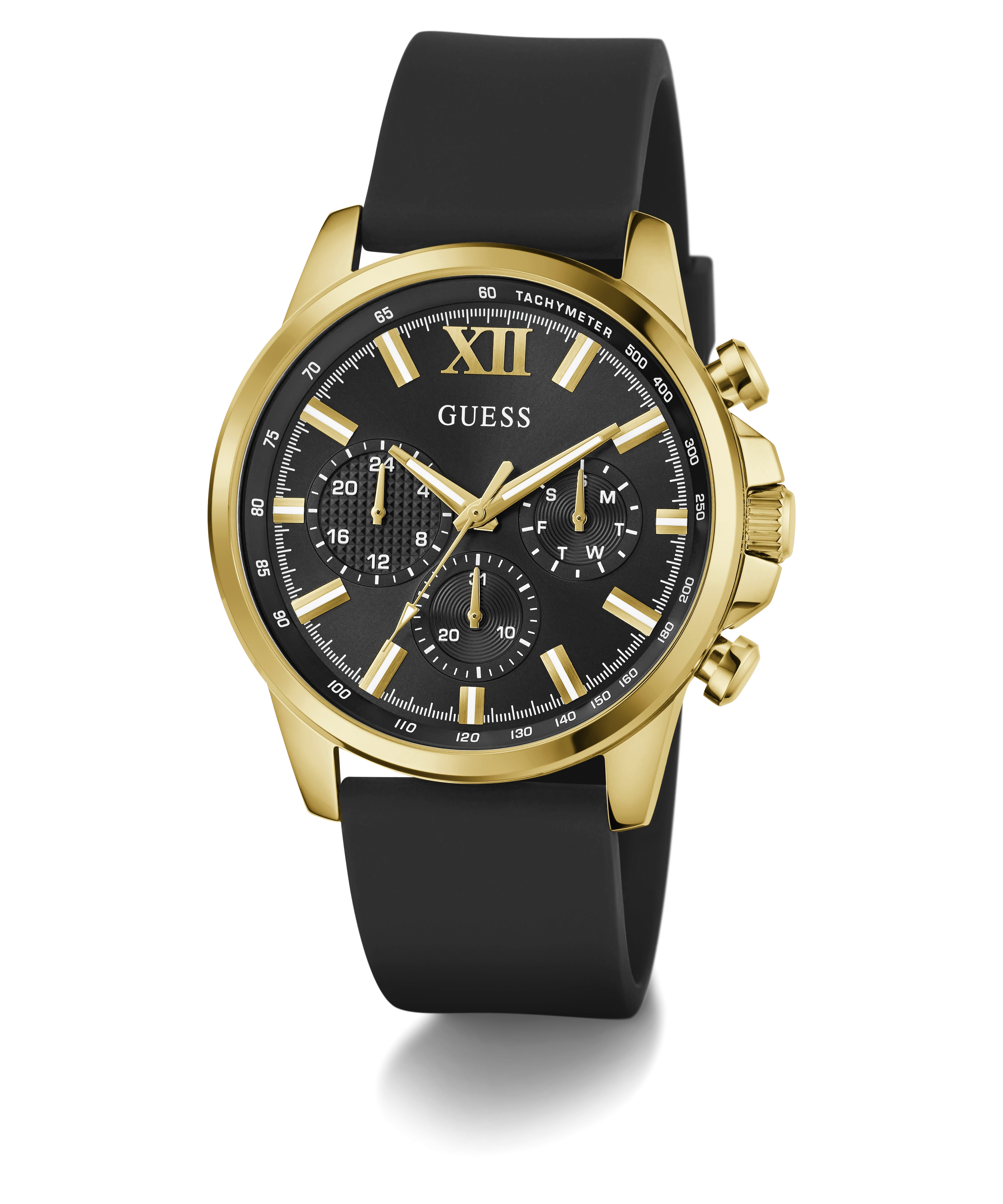 GUESS Mens Black Gold Tone Multi-function Watch