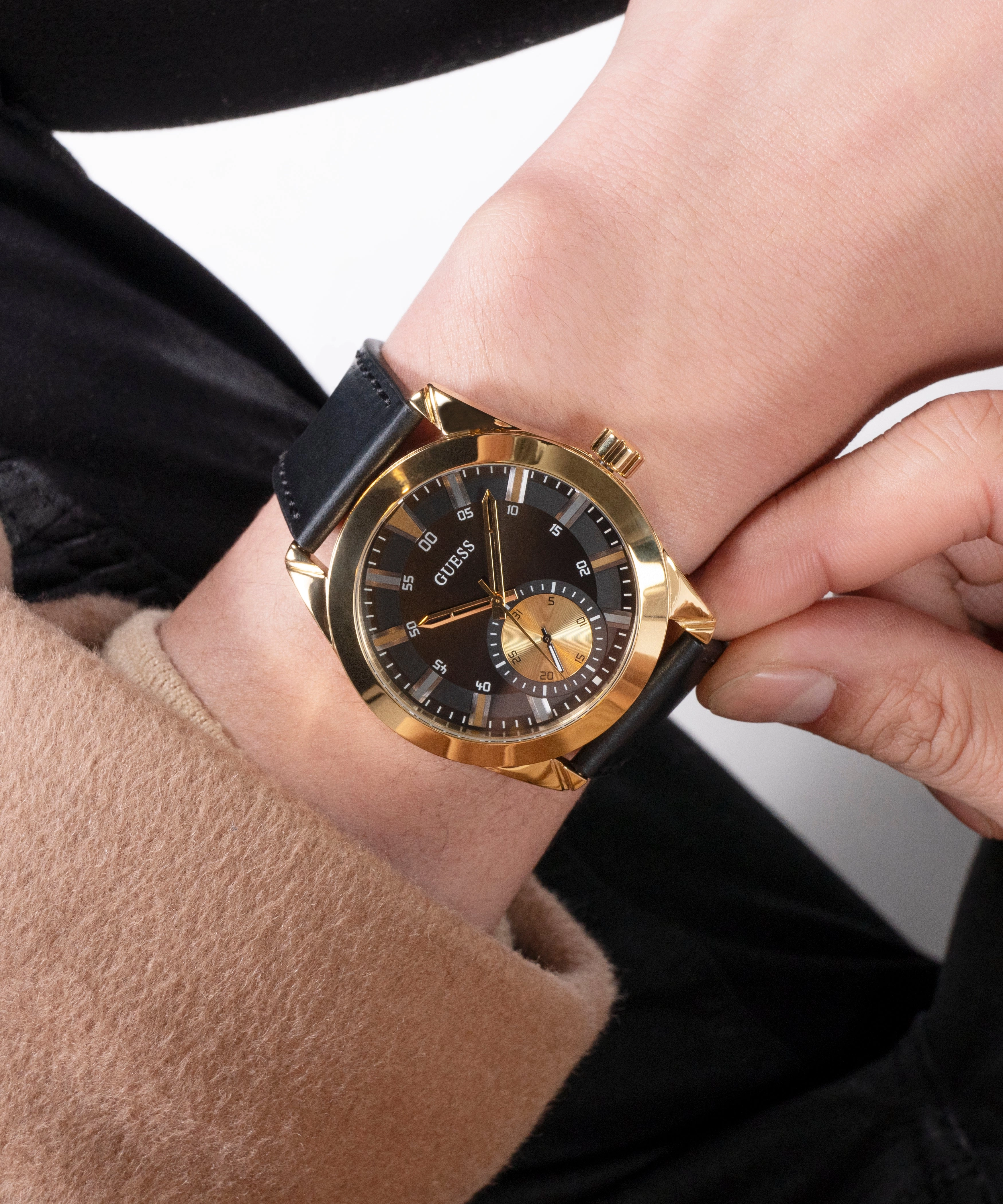 Guess Mens Black Gold Tone Multi-function Watch