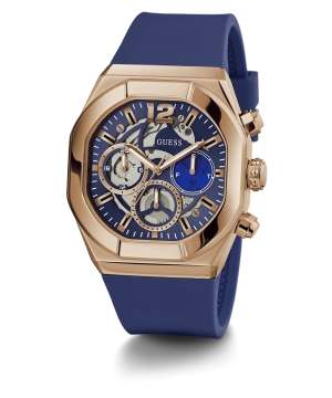 GUESS Mens Blue Rose Gold Tone Multi-function Watch