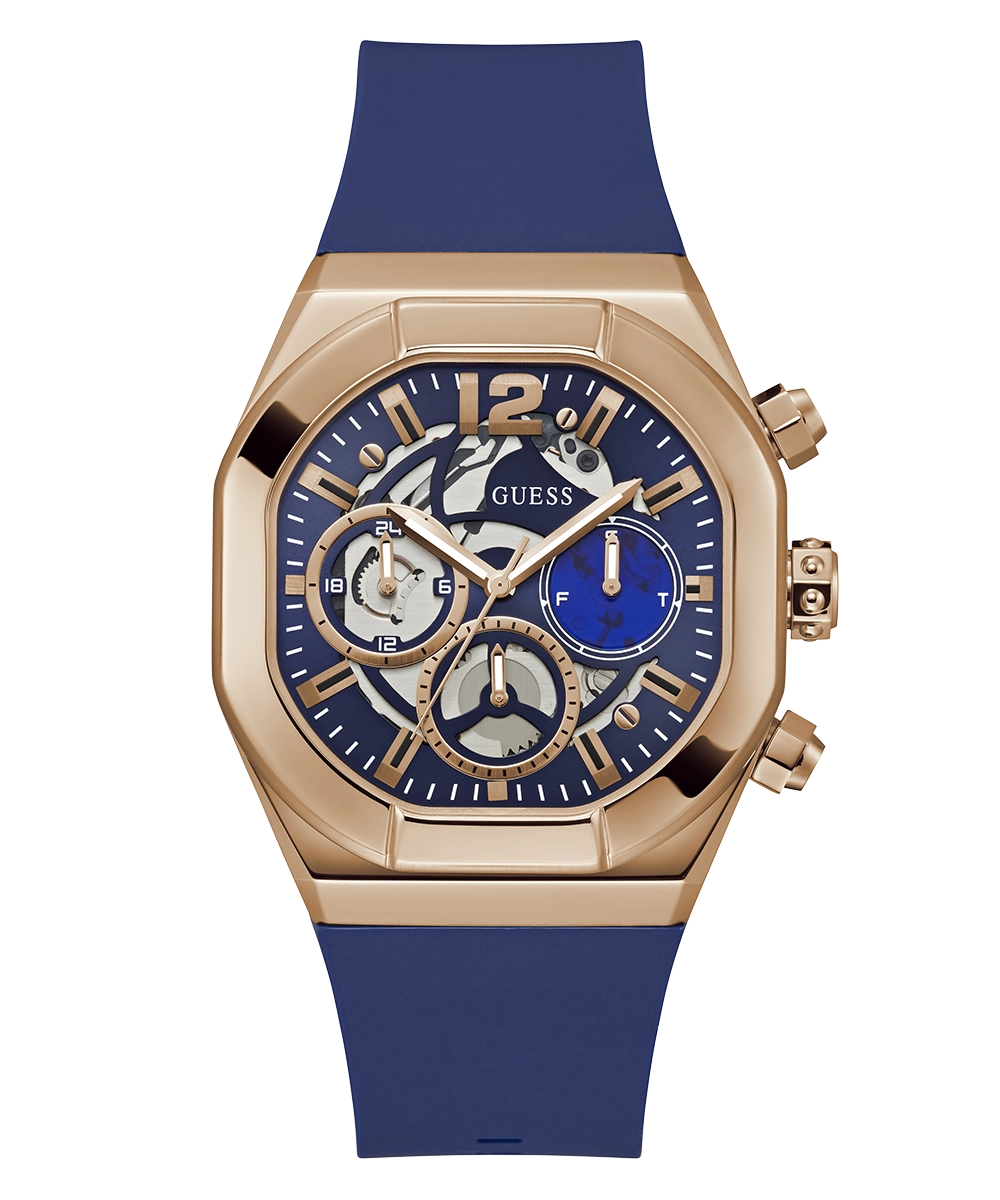 GUESS Mens Blue Rose Gold Tone Multi-function Watch