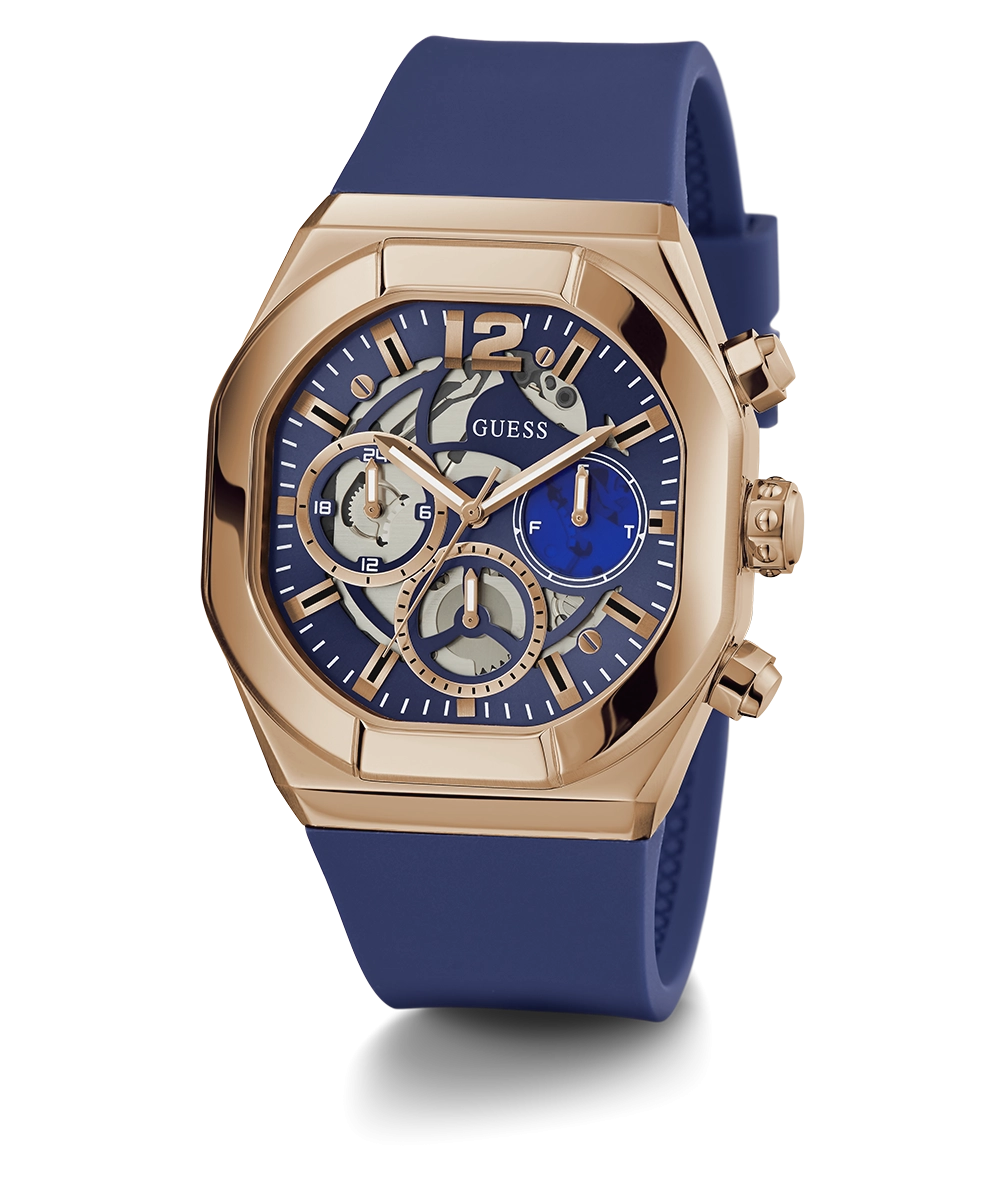GUESS Mens Blue Rose Gold Tone Multi-function Watch