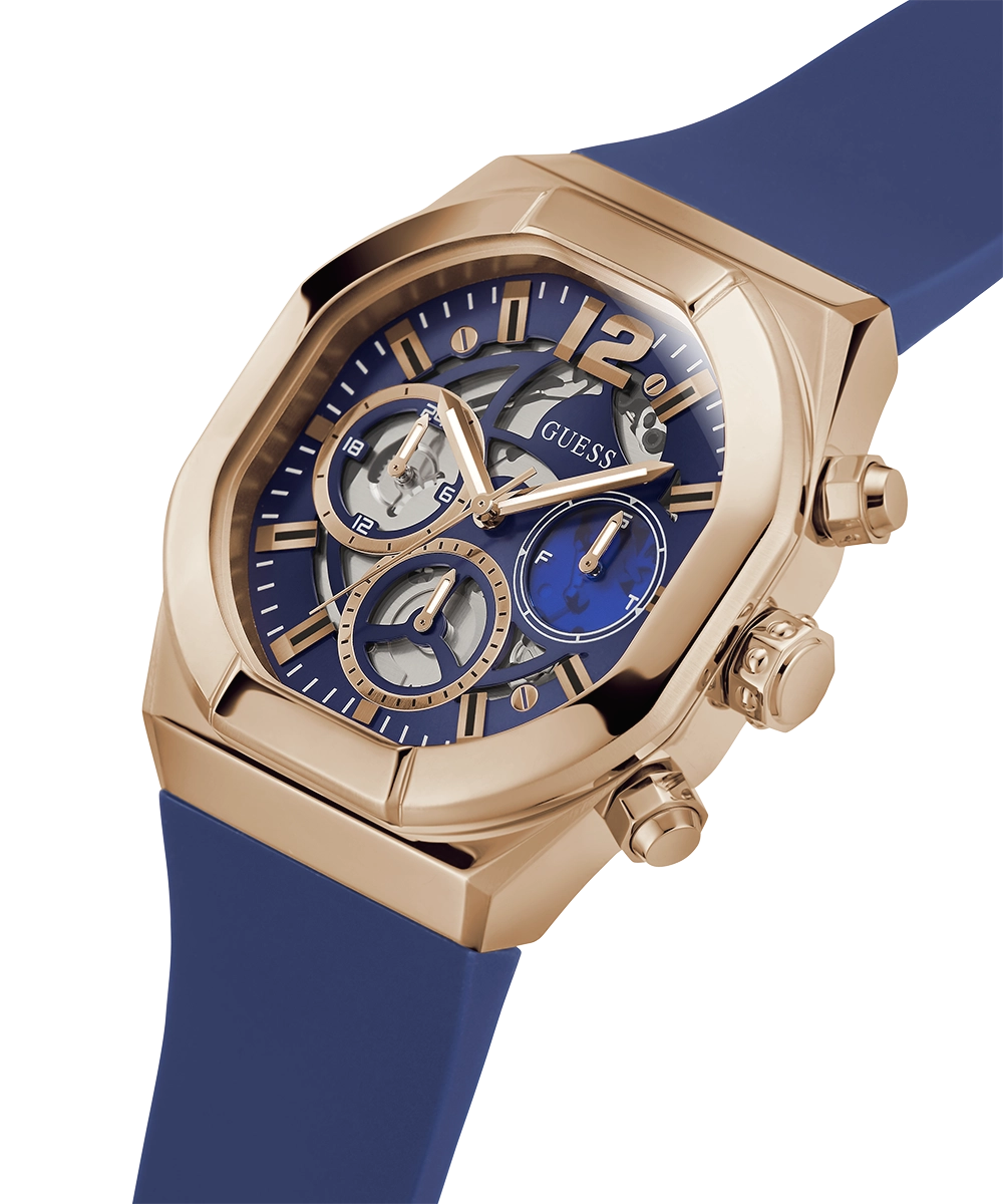 GUESS Mens Blue Rose Gold Tone Multi-function Watch