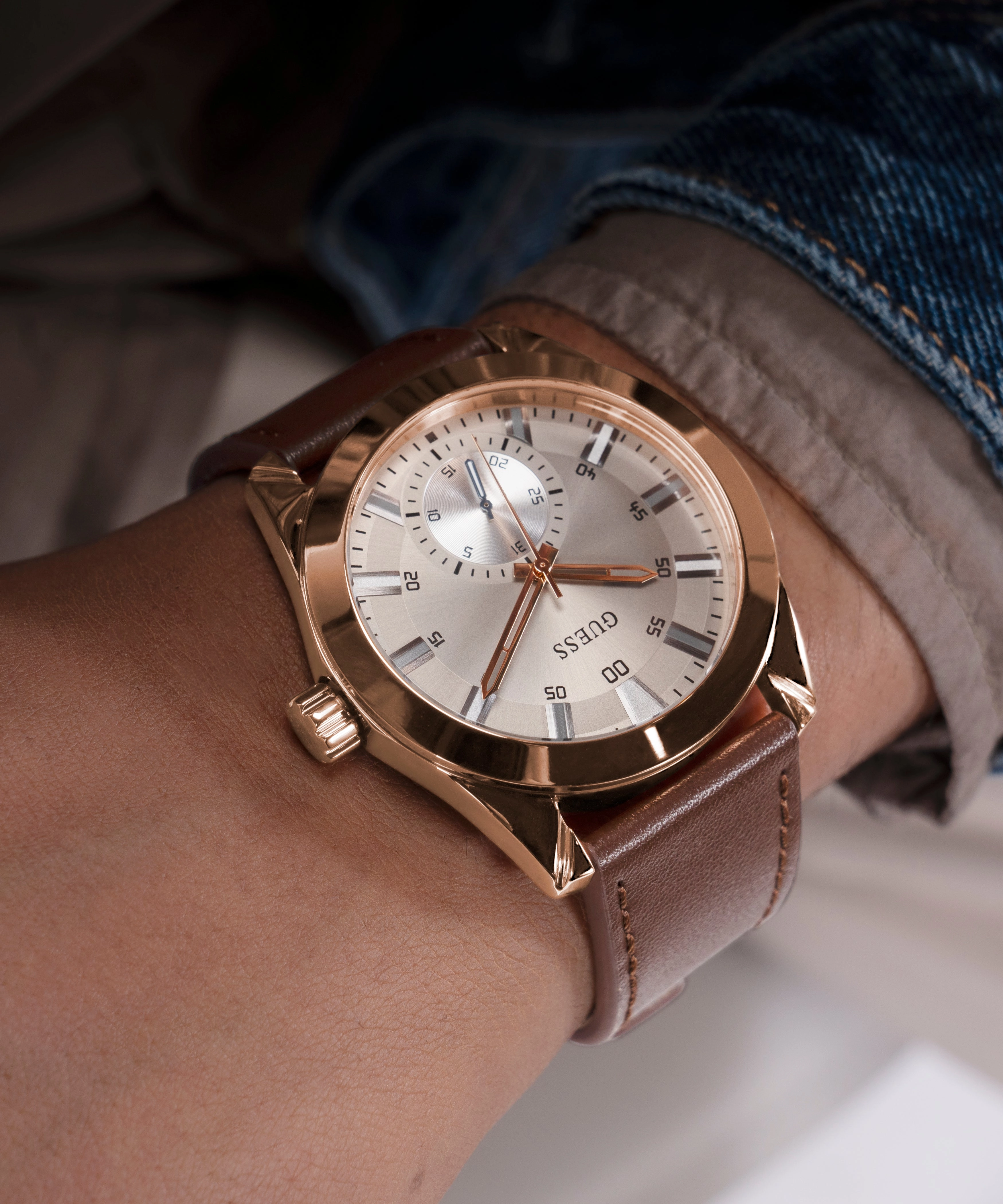 GUESS Mens Brown Rose Gold Tone Multi-function Watch