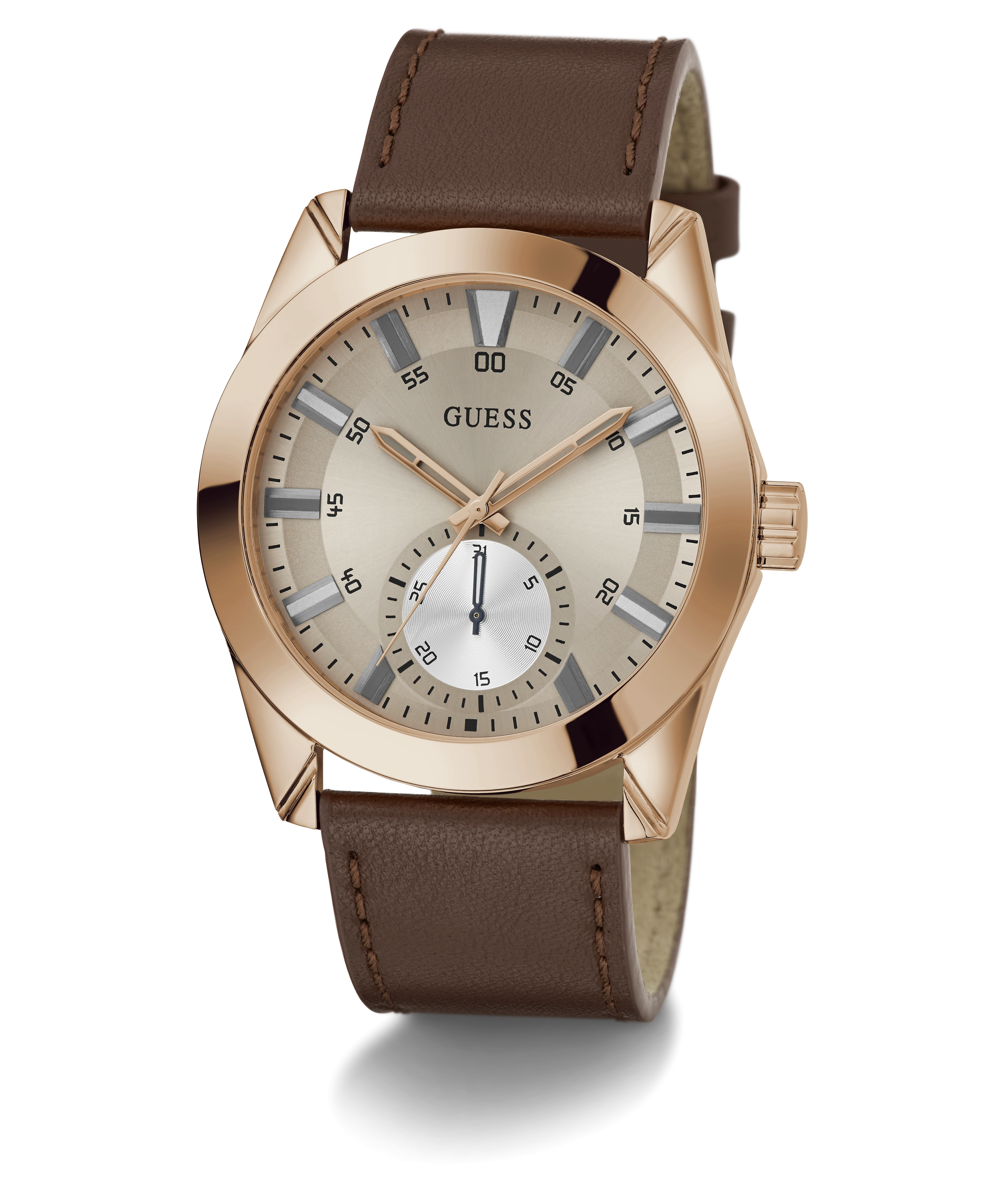 GUESS Mens Brown Rose Gold Tone Multi-function Watch