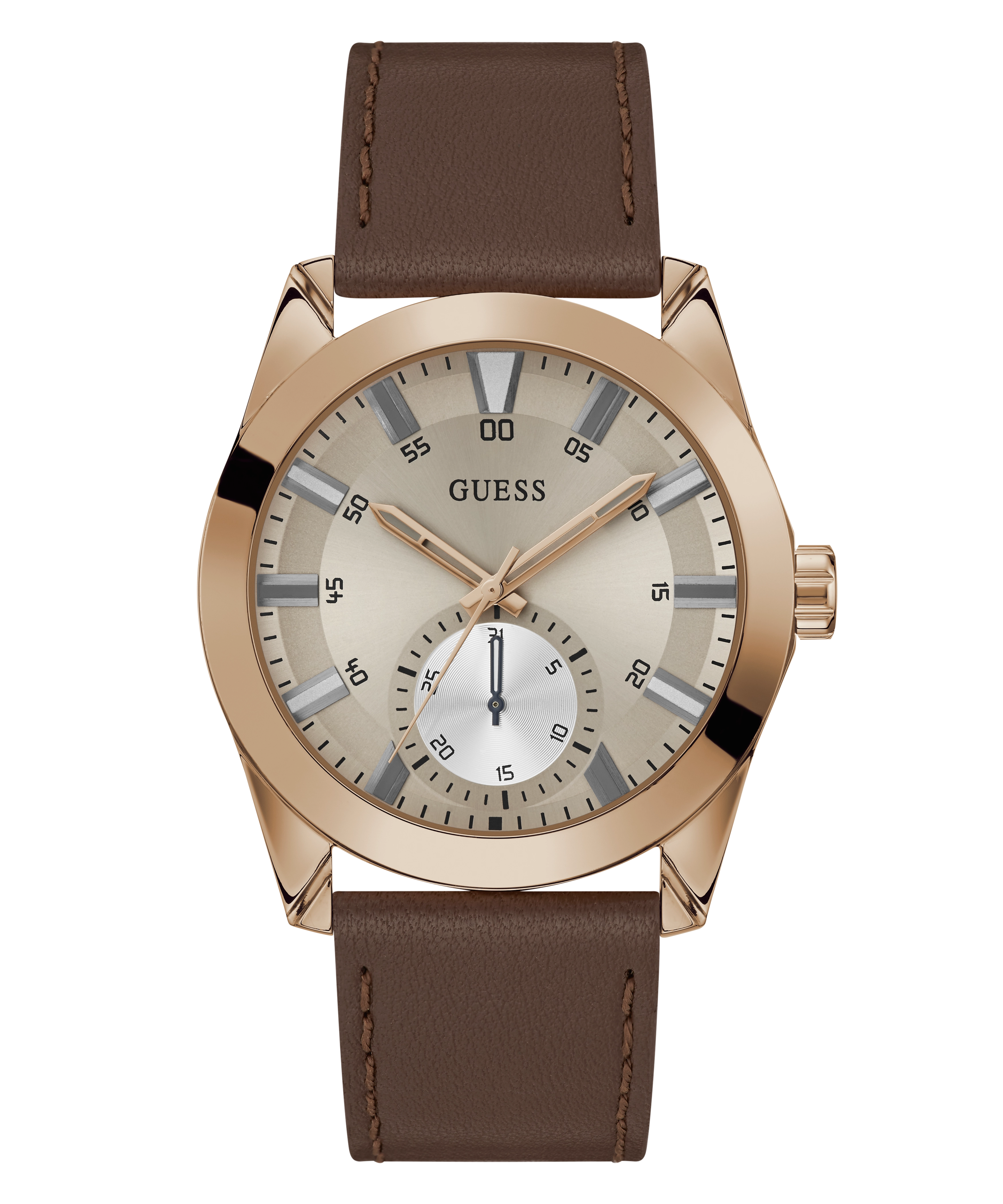 GUESS Mens Brown Rose Gold Tone Multi-function Watch