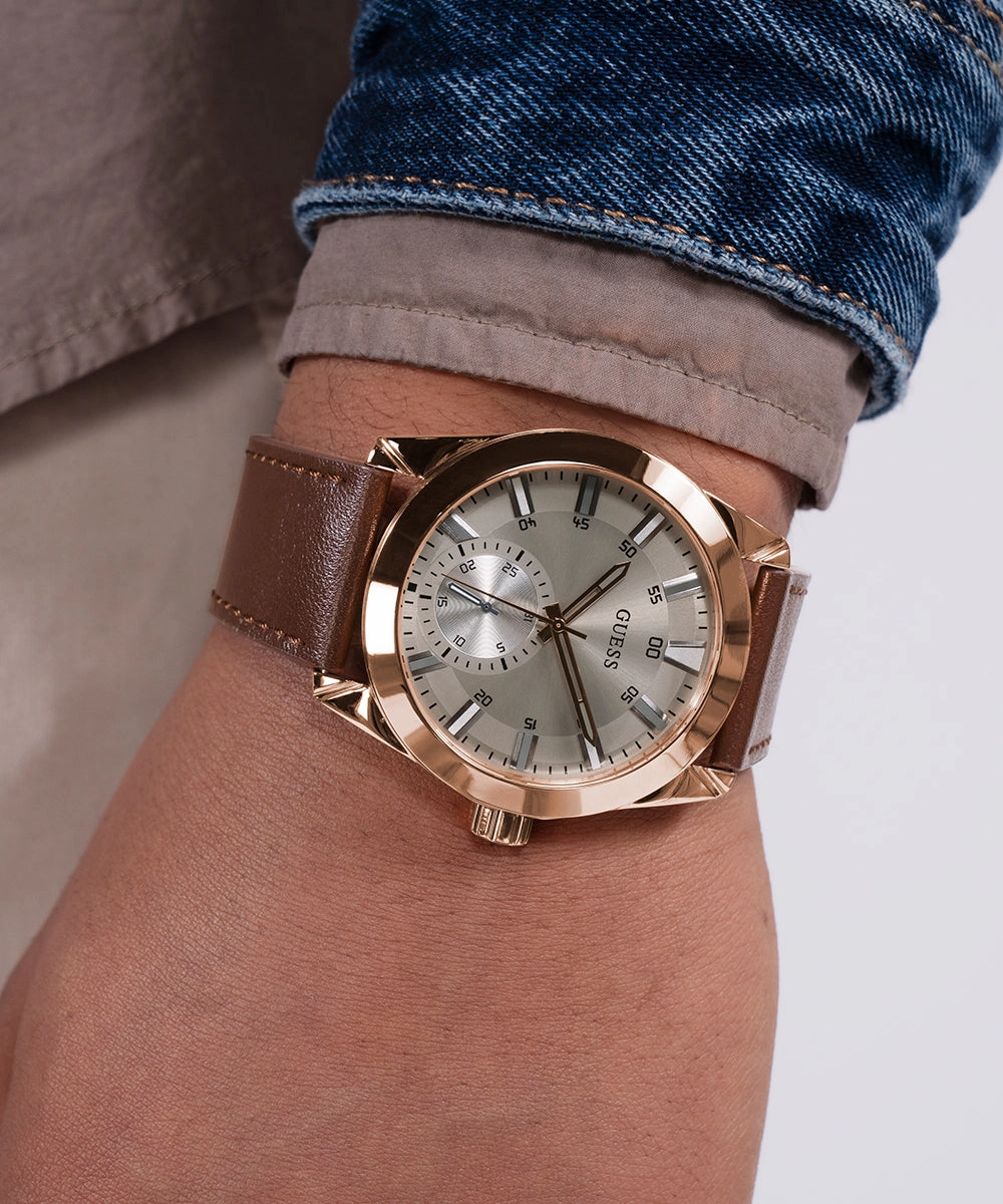GUESS Mens Brown Rose Gold Tone Multi-function Watch